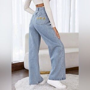 NWOT SHEIN High Waist Wide Leg Sunflower Floral Embroidery Jeans size US 4